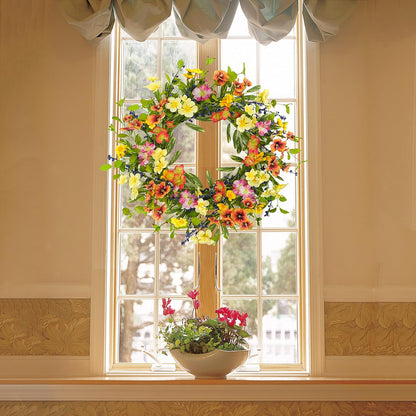20 inch Spring Summer Wreaths for Front Door Floral Wreath with Colorful Wildflowers, Eucalyptus Leaves, Olive Leaves, Small Berries for Indoor Outdoor Farmhouse Home Wall Window Festival Decoration