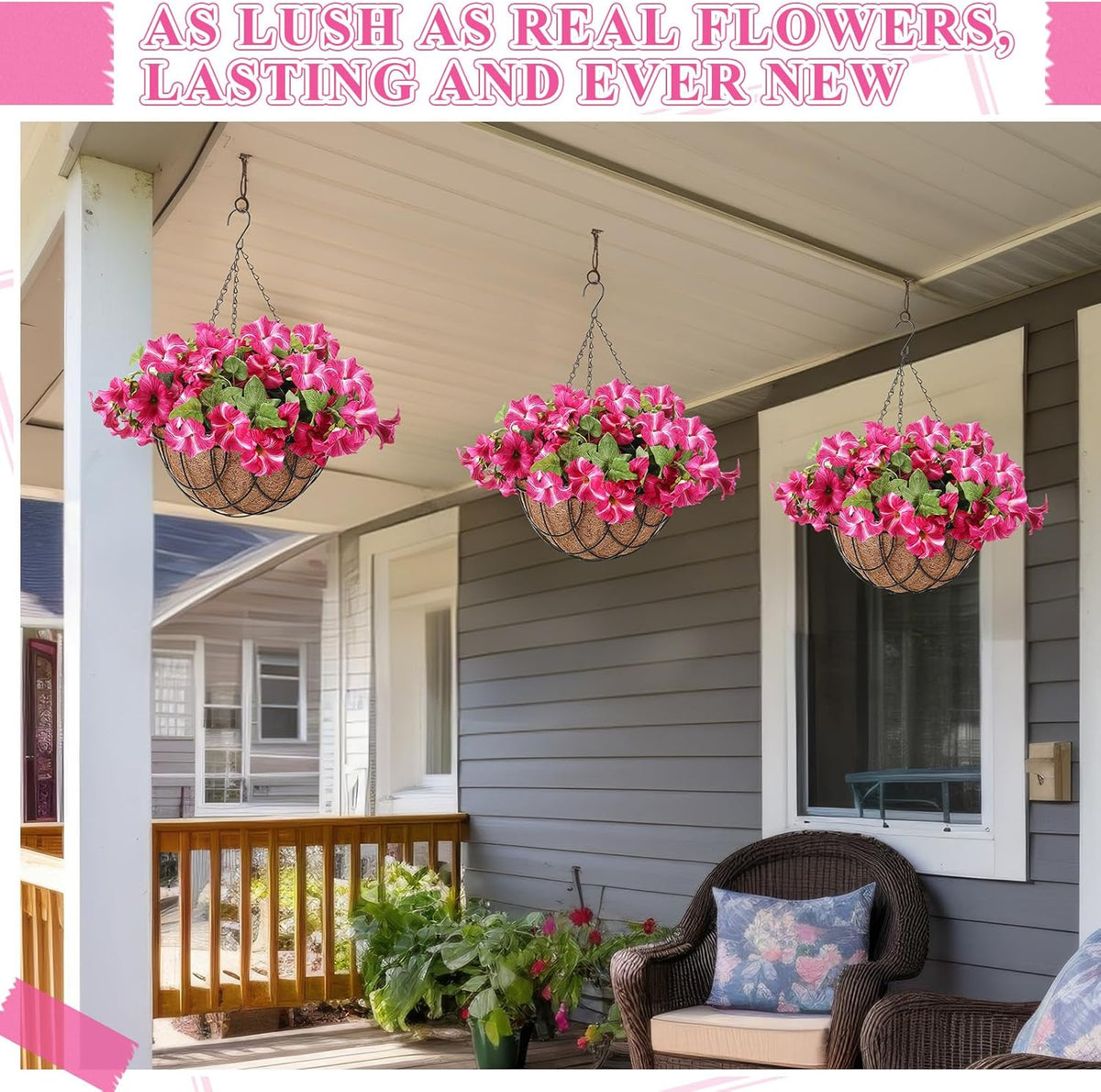 2 Pack Artificial Hanging Flowers in Basket for Spring Summer Outdoor Decor Fake Hanging Plant Faux Petunias Flower with 12 inch Coconut Lining Basket for Patio Garden Porch Home (Fuchsia)