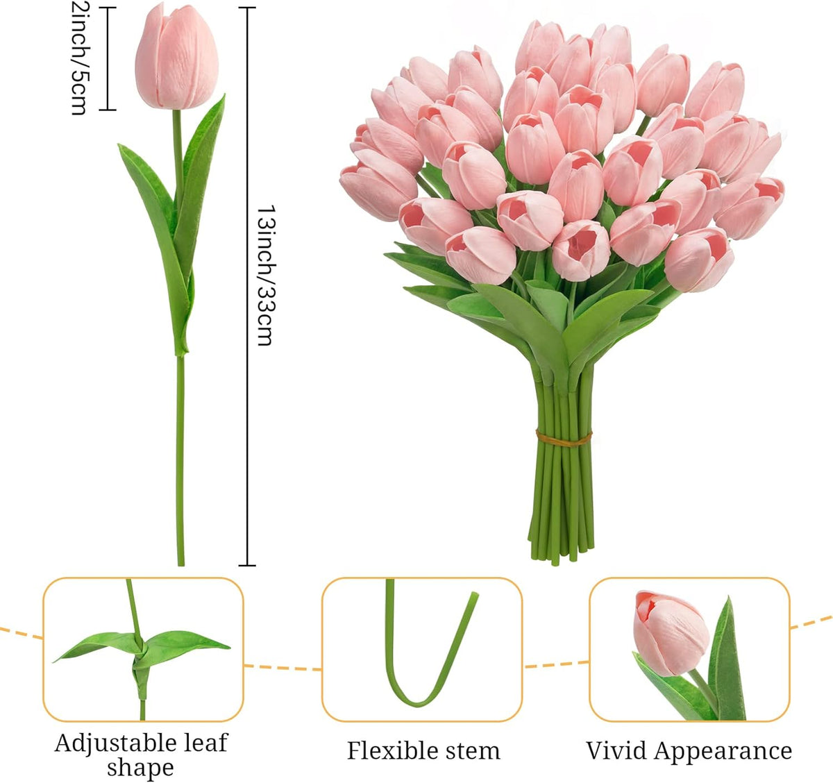 Ouddy Decor 30 Pcs Pink Tulips Artificial Flowers Real Touch PU Faux Flowers Fake Tulips Stems for Spring Summer Bouquet Floral Room Table Party Wedding Easter Mothers Gifts Home Decorations