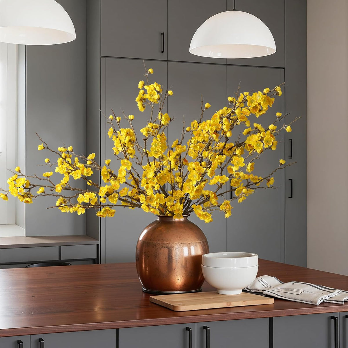 6 PCS Artificial Cherry Blossom Branches Spring Indoor Decoration, Faux Yellow Silk Flowers 34.45" Long Stems Real Touch Plum Fake Peach Plants for New Year Wedding Home Bedroom Table Office