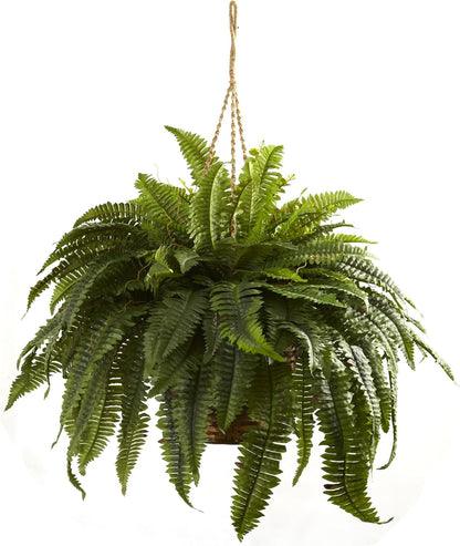 Nearly Natural Giant 36in Wide Artificial Boston Fern Hanging Basket, Faux Greenery For Indoor Home Porch Decor, Green