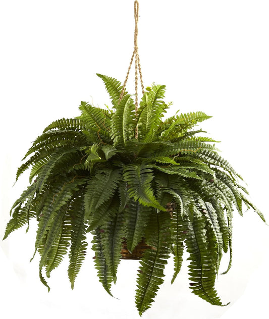 Nearly Natural Giant 36in Wide Artificial Boston Fern Hanging Basket, Faux Greenery For Indoor Home Porch Decor, Green