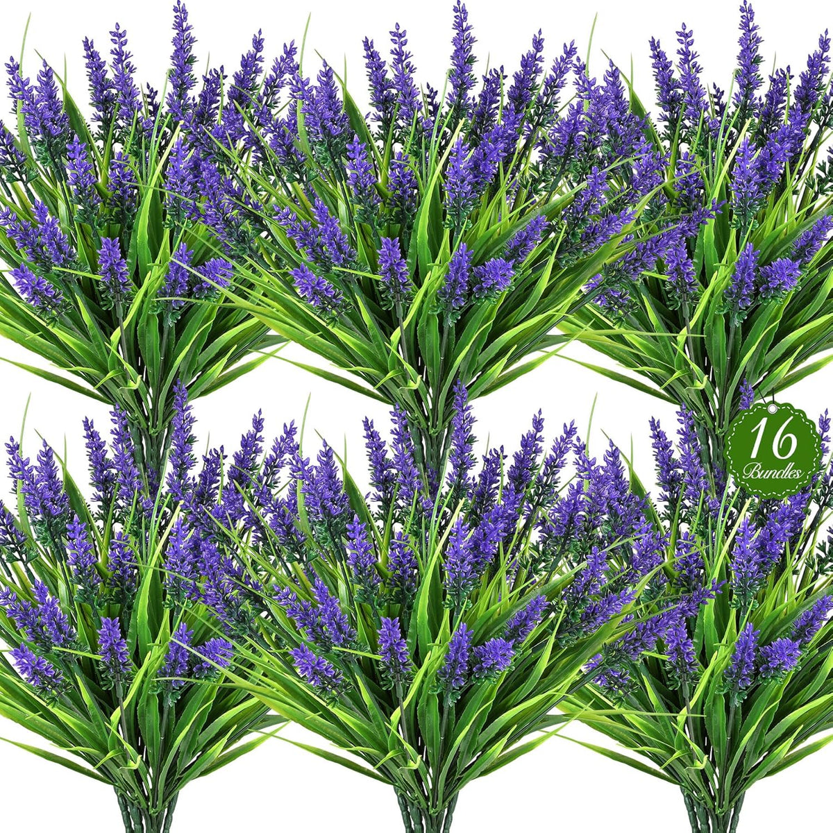 16 Bundles Artificial Plants Outdoor, UV Resistant Fake Lavender & Monkey Grass, Realistic Plastic Faux Plants for Balcony, Patio, Porch Greenery Decor, Planter Filler(Purple)
