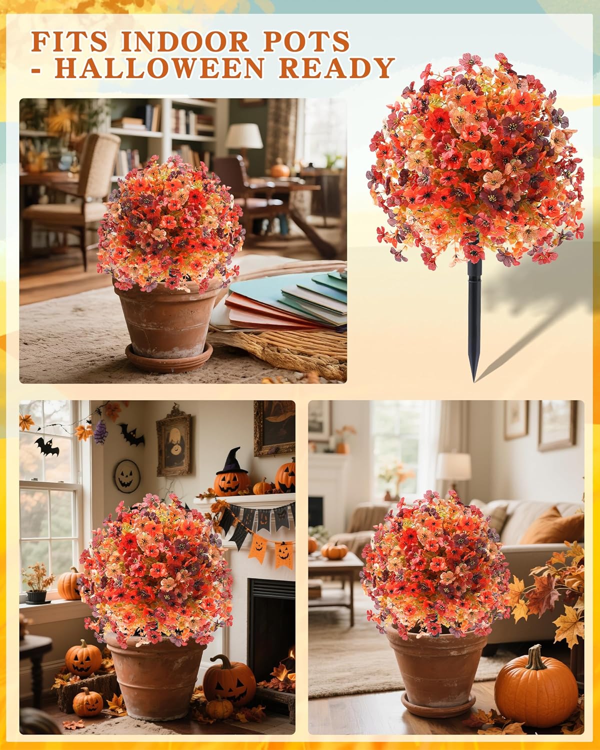 Artificial Mums Topiary Ball Tree With Flowers for Outdoors Fall Decor, Orange UV Resistant Fake Plants With Ground Spike Autumn Decorations for Home, Front Porch, Garden, Thanksgiving, Planters