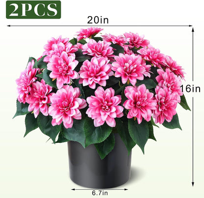 2 Set of Artificial Dahlia Topiary Ball Trees - Fake Silk Dahlia Flower Bushes, UV Resistant Faux Floral Shrub Potted for Front Door Porch Farmhouse Wedding Outdoor Decor (Pink)