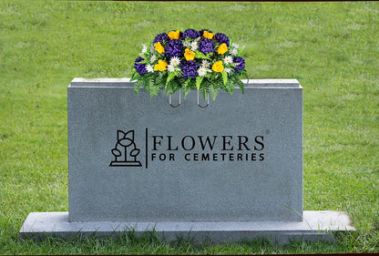Sympathy Silks Artificial Cemetery Flowers – Realistic Vibrant Roses, Outdoor Grave Decorations - Non-Bleed Colors, and Easy Fit - 1 Purple Mum and Yellow Rose Saddle for Headstone