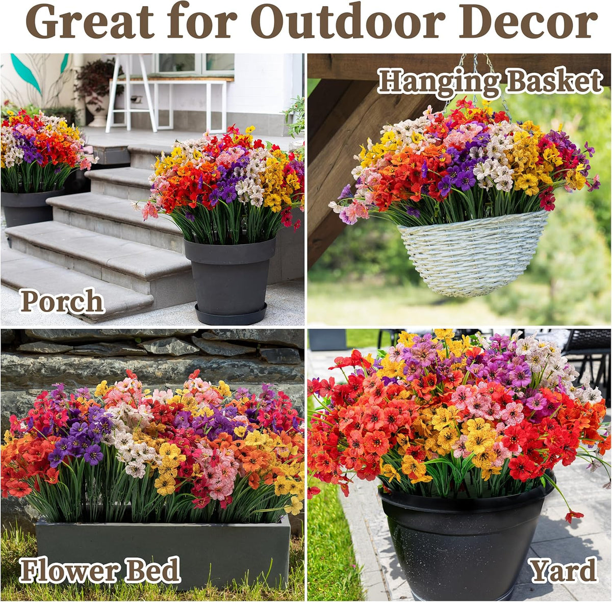 24 Bundles Artificial Flowers for Outdoors/Indoors, Fake Flowers Plants for Indoor and Outdoor Garden Porch Window Box Home Wedding Farmhouse (8 Color)
