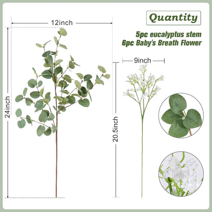 Beferr 5 Pcs Eucalyptus Stems & 6 Pcs Babys Breath Artificial Flowers Faux Greenery Bouquets for Wedding Table Centerpiece Home Decor