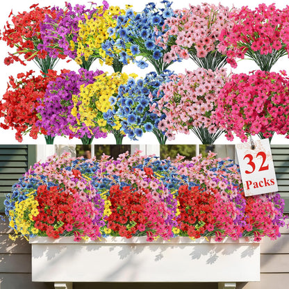 Alupssuc 32 Bundles Artificial Flowers for Outdoors Decoration, UV Resistant Silk Faux Floral Spring Fake Plastic Plants Greenery for Outside Indoor Home Garden Porch Window Box Decor, Mix 6 Colors