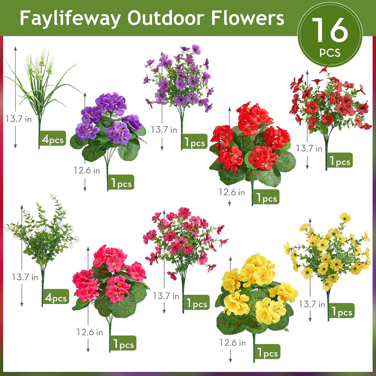 16 Bundles Artificial Flowers for Outdoors, UV Resistant Silk Faux Flowers for Outside Planters, Garden, Porch, Yard, Home Decor (Mixed Color)