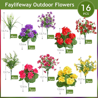 16 Bundles Artificial Flowers for Outdoors, UV Resistant Silk Faux Flowers for Outside Planters, Garden, Porch, Yard, Home Decor (Mixed Color)