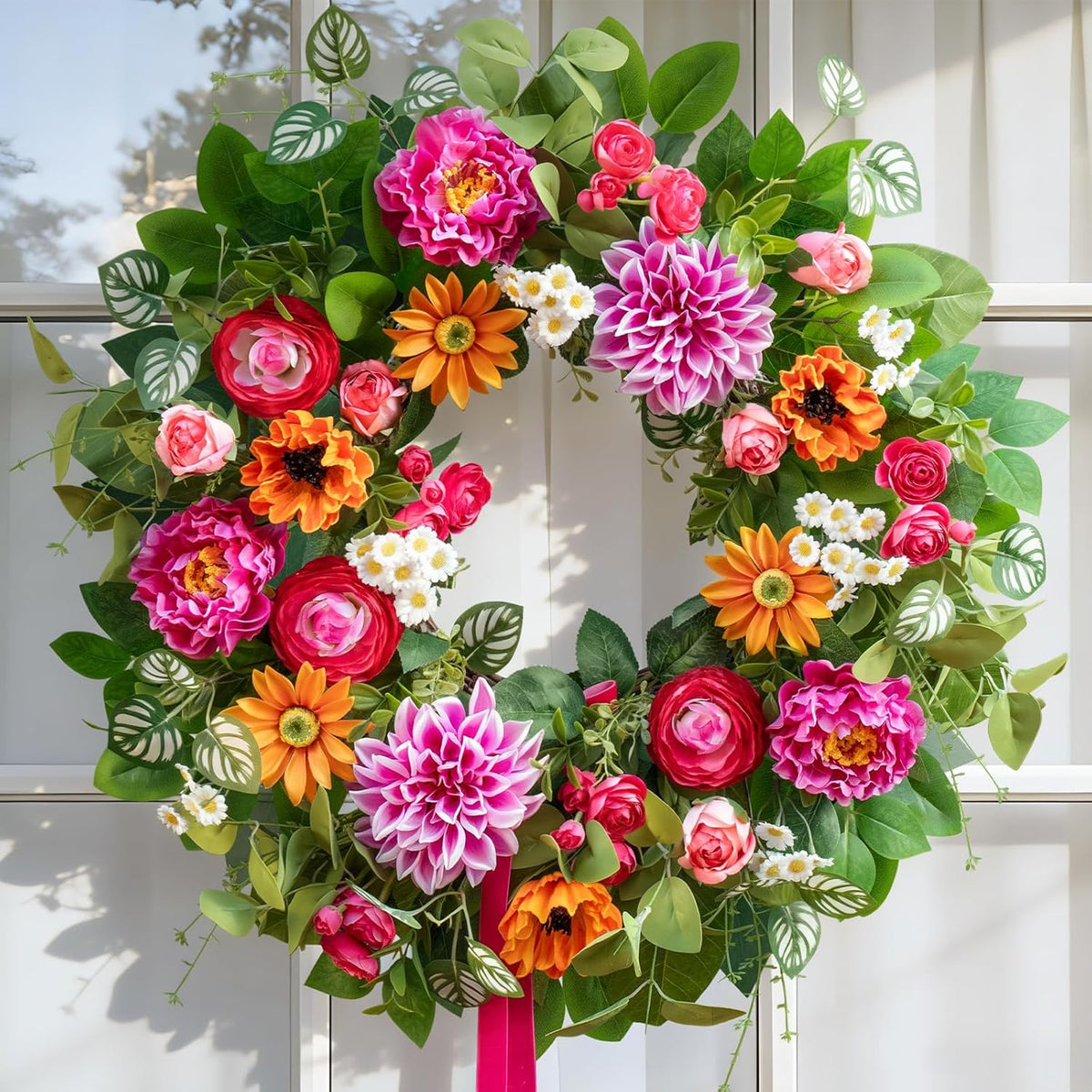 24 Inch Spring Summer Wreath for Front Door with Dahlia, Peony & Daisy Floral Decor
