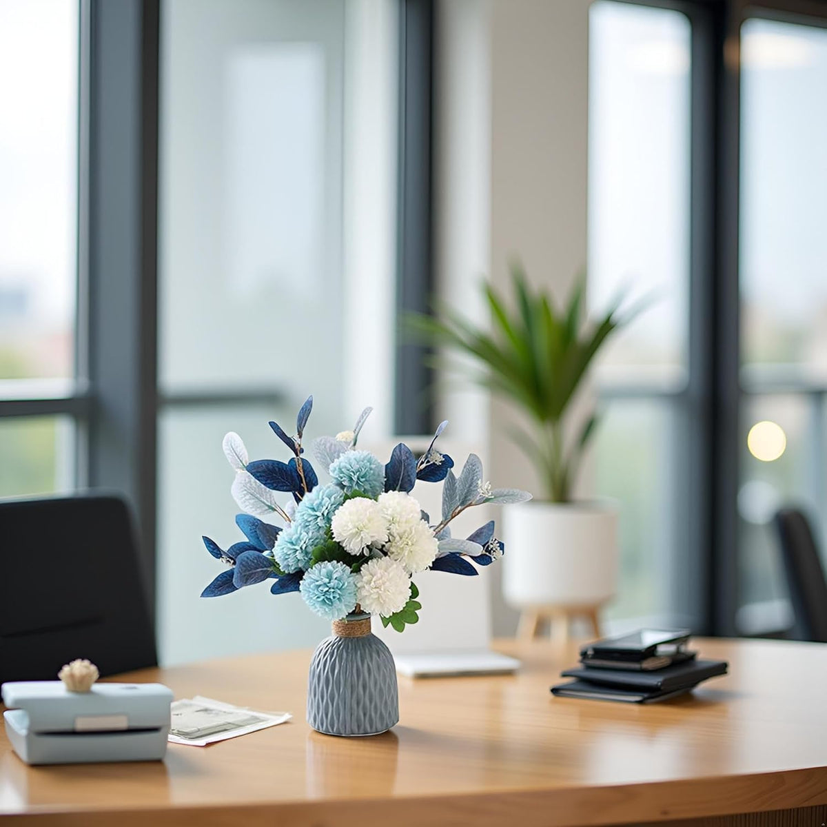 LADADA Blue Artificial Flower Bouquet in Ceramic Vase, White and Blue Ball Chrysanthemum with Eucalyptus, Minimalist Desk Decor for Office Home Centerpiece