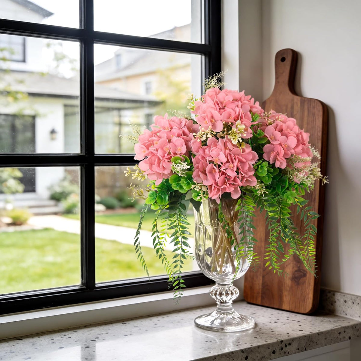 Artificial Hydrangea Flowers Silk Champagne Fake Flower with Eucalyptus for Outdoor Decorations UV Resistant Realistic Faux Plants for Garden Porch Window Box Indoor Table Decor