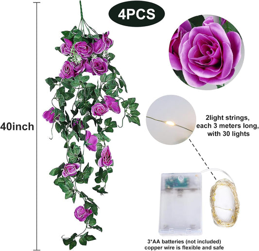 RECUTMS Artificial Hanging Rose Flower Plants Outdoor with 30 LED Fairy String Lights Fake Flowers for House Garden Patio Front Porch Indoor Decor (Purple)