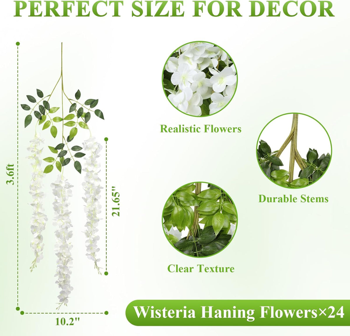 Pauwer Wisteria Hanging Flowers 24 Pack Fake Flower Garland Artificial Wisteria Vines Rattan Silk Flower String Wedding Party Wall Decorations, White