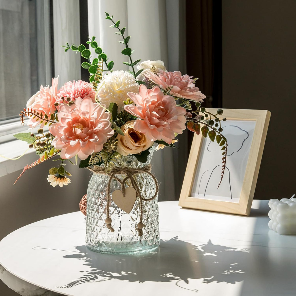 Fake Flowers with Vase, Faux Flowers in Vase for Home Decor, Silk Pink Dahlia Artificial Flowers with Vase for Coffee Table Decor, Living Room Bathroom Plant Decor, Centerpiece Table Decorations