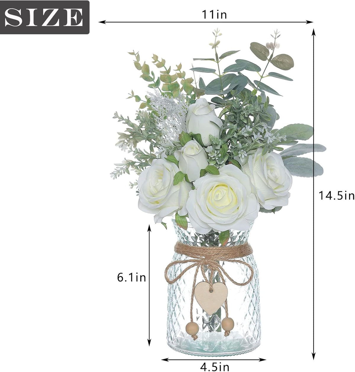 Faux Flowers with Vase, Artificial Silk Roses in Vase, Fake Plant Eucalyptus Flower Arrangement for Home Office Farmhouse Bathroom Dining Table Centerpiece Decorations Coffee Table Decor (White)