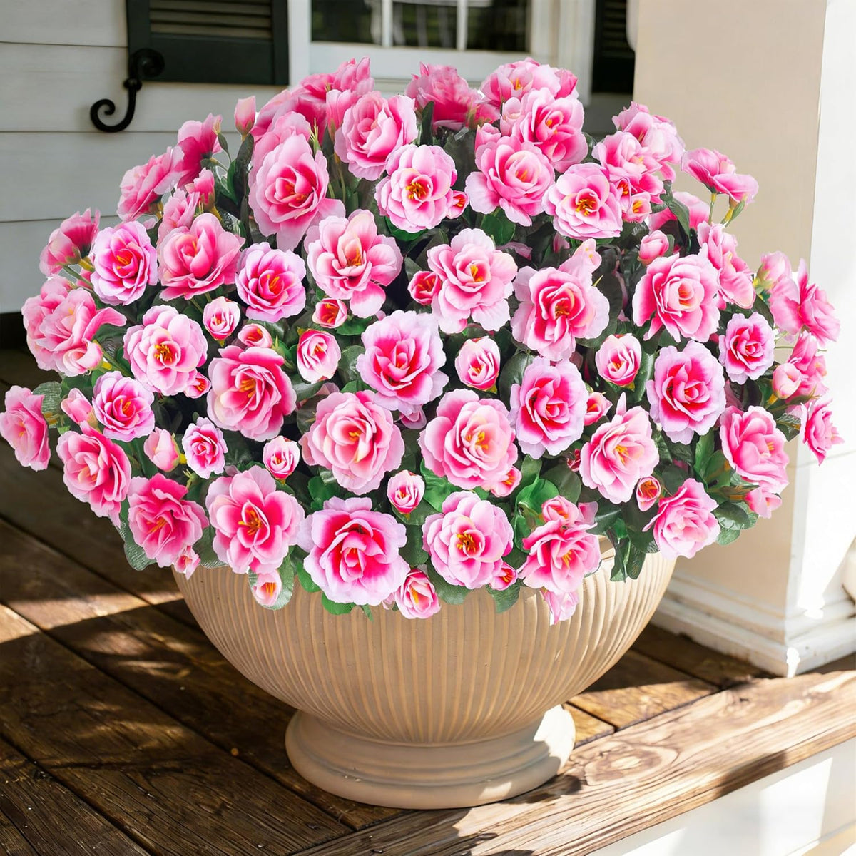 Artificial Fake Outdoor Outside Flowers Plants For Spring Decor, Faux Silk Pink Camellia UV Resistant Realistic for Front Door Porch Patio Planter Balcony Garden Yard Home Decor, 3 Large Bundles