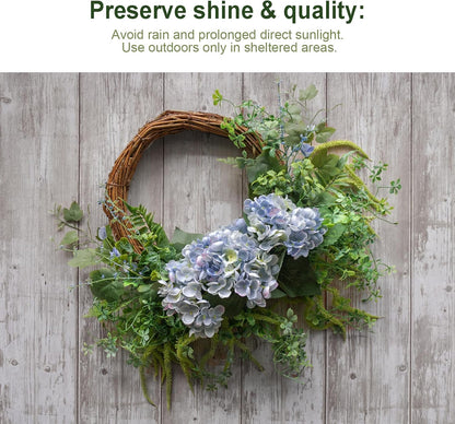 18 Inch Blue Faux Hydrangea Half Wreath, Spring Summer Year-Round Floral Wreaths Decor, Romantic Blooming Accent for Front Door, Porch, Living Room, Bedroom, Wall, Wedding Decorations