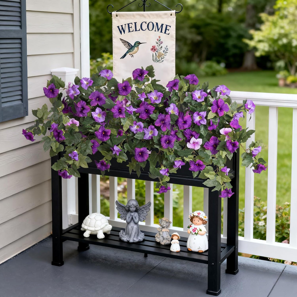 2PCS Artificial Petunia Flowers for Outdoors, Fake Flowers for Outdoor Planters UV Resistant Faux Silk Petunias for Garden Porch Yard Balcony Patio Realistic Home Kitchen Decor(Double Purple)