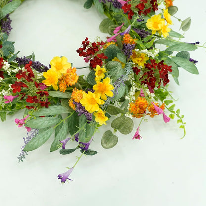 AMF0RESJ Artificial Spring Summer Wreath for Front Door Yellow Daisy Wreath with Olive Leaf, Eucalyptus Leaves for Front Door Indoor Outdoor Wall Porch Farmhouse Home Decor
