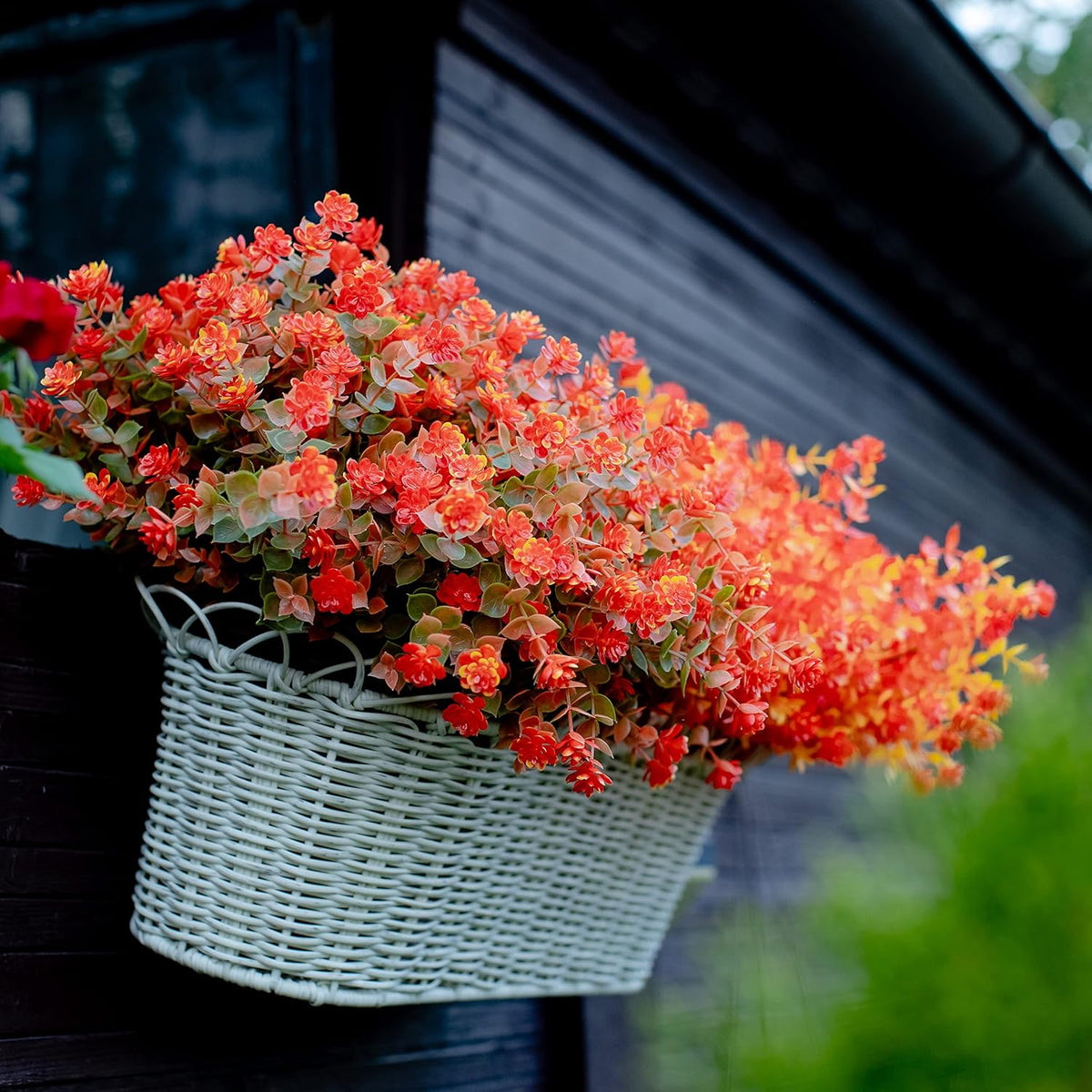 Artificial Fall Flowers Outdoor Fake Mums - 12 Bundles Fake Plants UV Resistant No Fade Faux Plastic Greenery Garden Porch Patio Fall Home Decor(OrangeGreen)