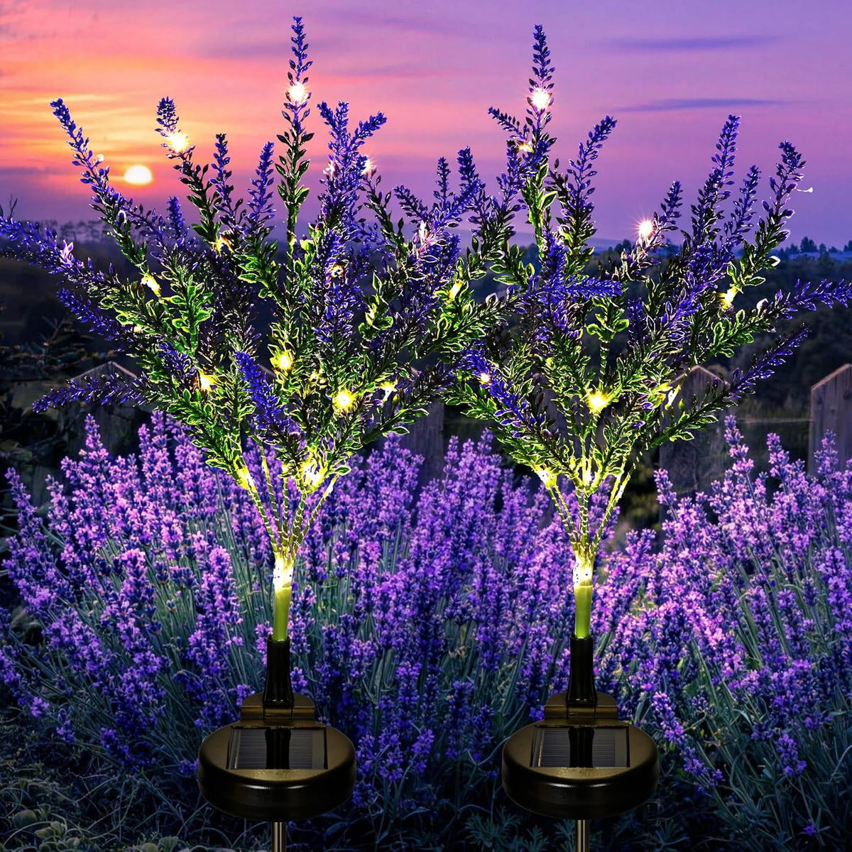 GIGALUMI Solar Garden Lights with Lavender, LED Garden Decor Carefree Solar Flowers Outdoor Waterproof, Yard Decorations Outdoor, Allergy-Free Everlasting Light up Flowers for Yard Patio (Set of 2)