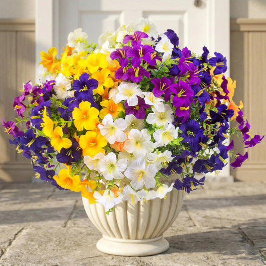 16 Pcs Faux Petunias Artificial Flowers For Outdoors, UV Resistant Fake Petunias Plants Realistic Silk Flowers for Porch Front Door Garden Window Outside Decor (16, White, Yellow, Purple, RedViolet)
