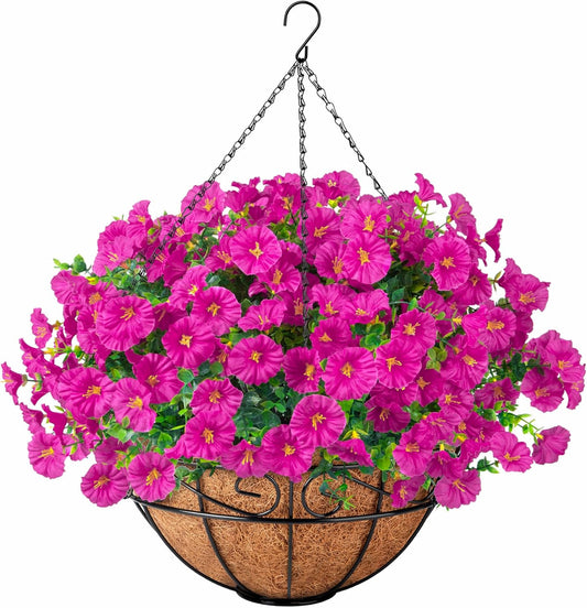 Ouddy Decor Artificial Hanging Plants Flowers Basket for Spring Summer Outdoor Decor, Fake Hanging Flowers Faux Silk Morning Glory UV Resistant for Patio Yard Porch Garden Home Decorations, Fuchsia