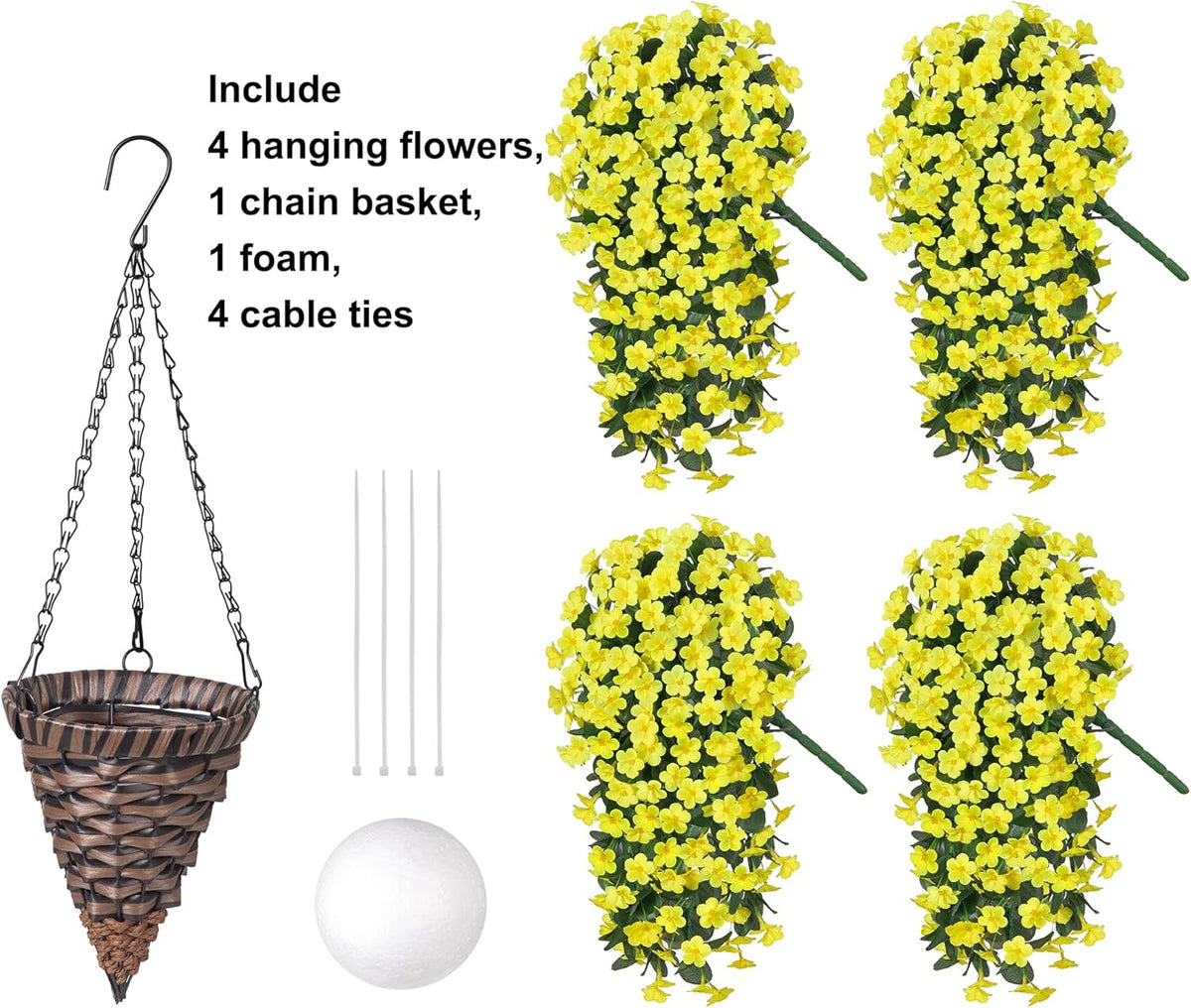 HyeFlora Artificial Fake Hanging Outdoor Flowers Plants Basket, Faux Silk Yellow Daisy Flowers UV Resistant Realistic Hanging Planter Orchid Vines for Outside Porch Patio Home Garden Yard Decoration