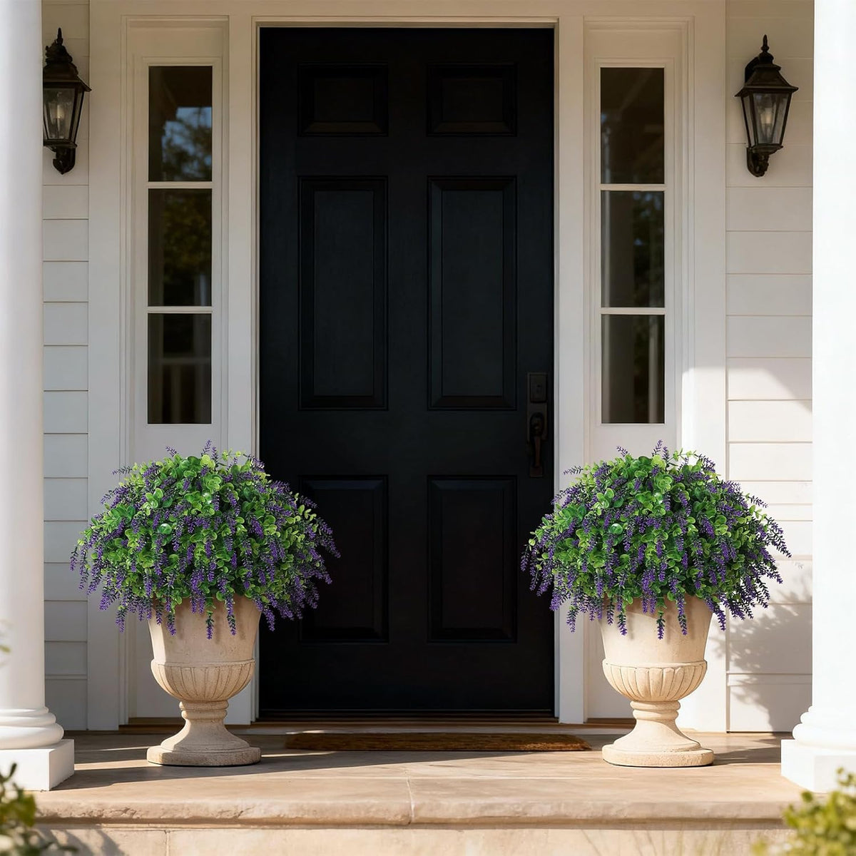 Artificial Eucalyptus & Lavender Topiary Ball Tree for Front Door - Set of 2 Topiary Trees with Pots, UV Resistant Faux Bushes Potted Plants for Porch Garden Farmhouse Outdoor Decoration