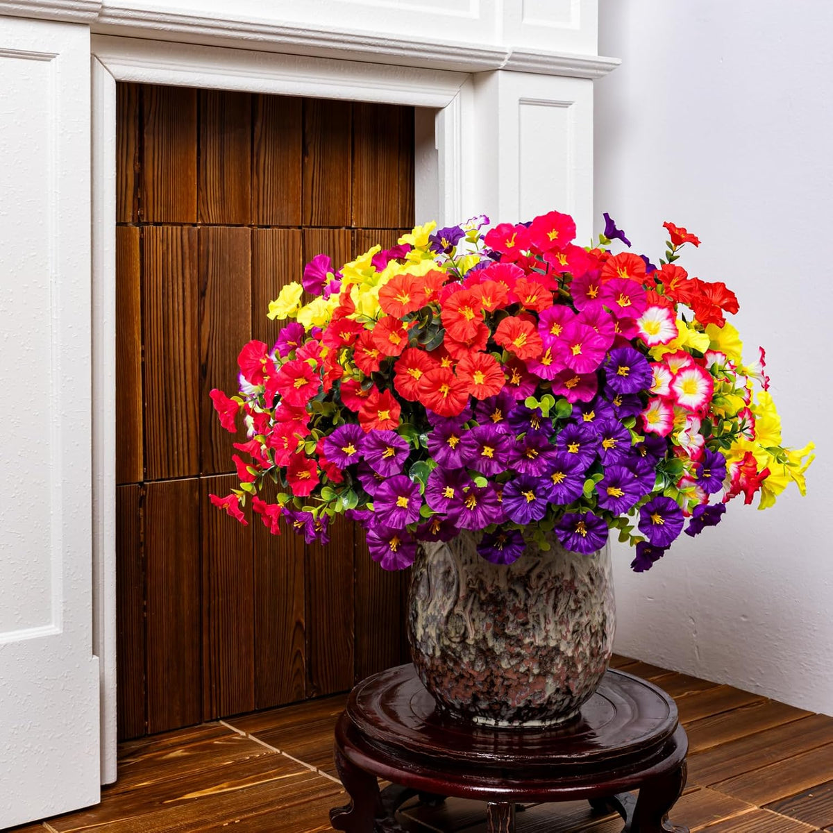 Artificial Faux Flowers for Outdoor 16 Bundles Boxwood Fake Morning Glory for Planter, UV Resistant Fake Flowers for Home Porch Patio Outside（8 Color）