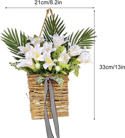 Artificial Flowers Basket, Hanging Door Basket, Artificial Hanging Baskets with Flower, Basket Wreath for Outdoor Indoor Wall Door