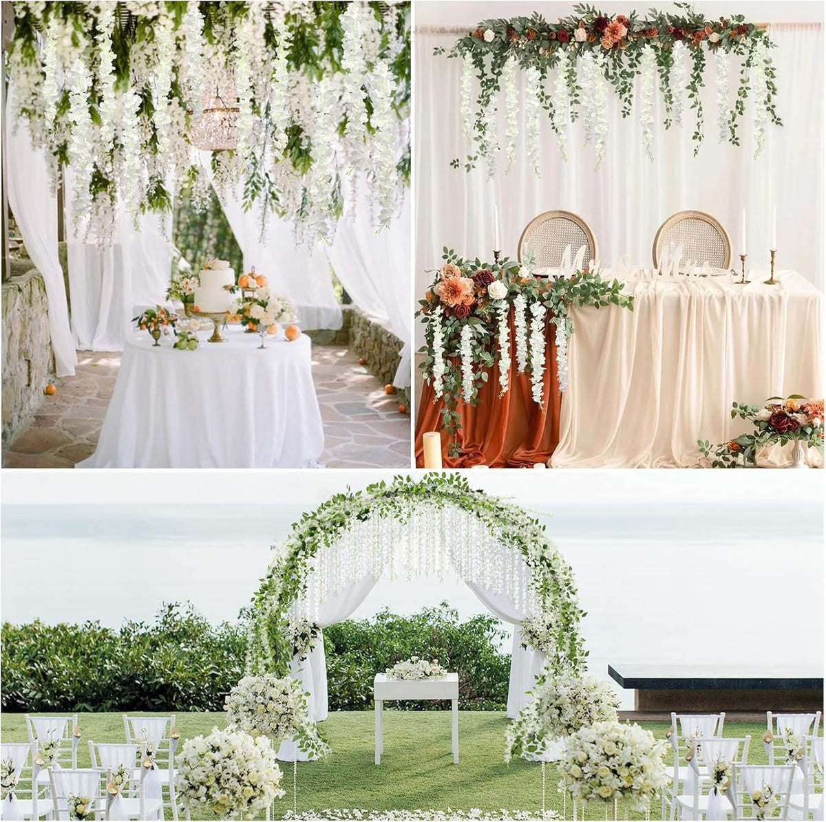 Pauwer Wisteria Hanging Flowers 24 Pack Fake Flower Garland Artificial Wisteria Vines Rattan Silk Flower String Wedding Party Wall Decorations, White
