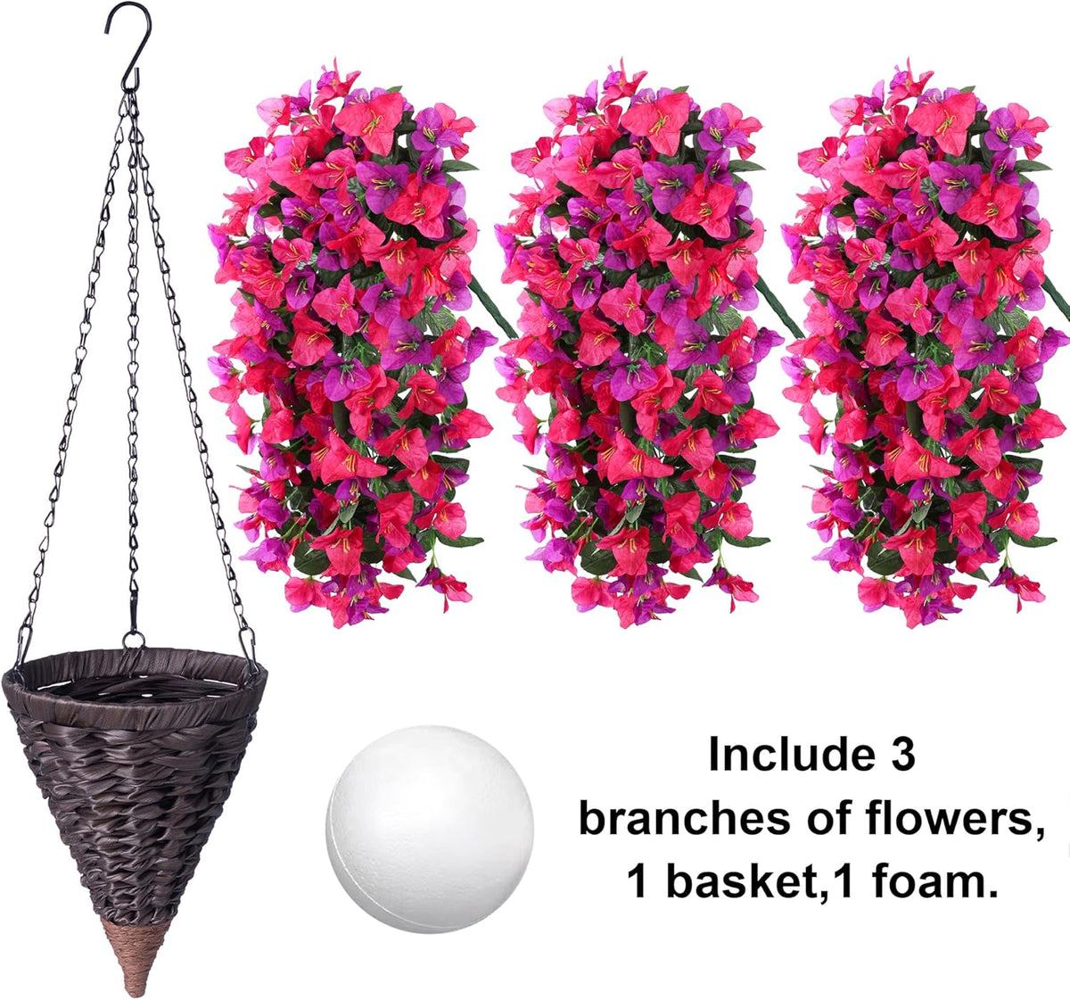 Artificial Bougainvillea Faux Flowers Plants Baskets for Outdoor Outside Decoration, 3PCS Fake Silk Flowers Long Trailing Vines UV Resistant Realistic for Front Door Porch Patio (PurpleHotpink)