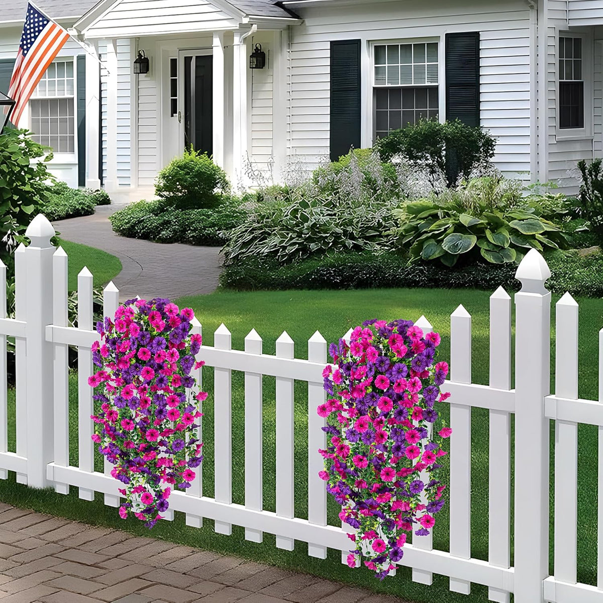 Artificial Hanging Petunia Flowers for Outdoor, 2 Pcs Fake Plants Long Vine Morning Glory Eucalyptus, UV Resistant Realistic Faux Greenery Indoor and Outdoor Patio Porch Garden Spring Summer Decor, Purple