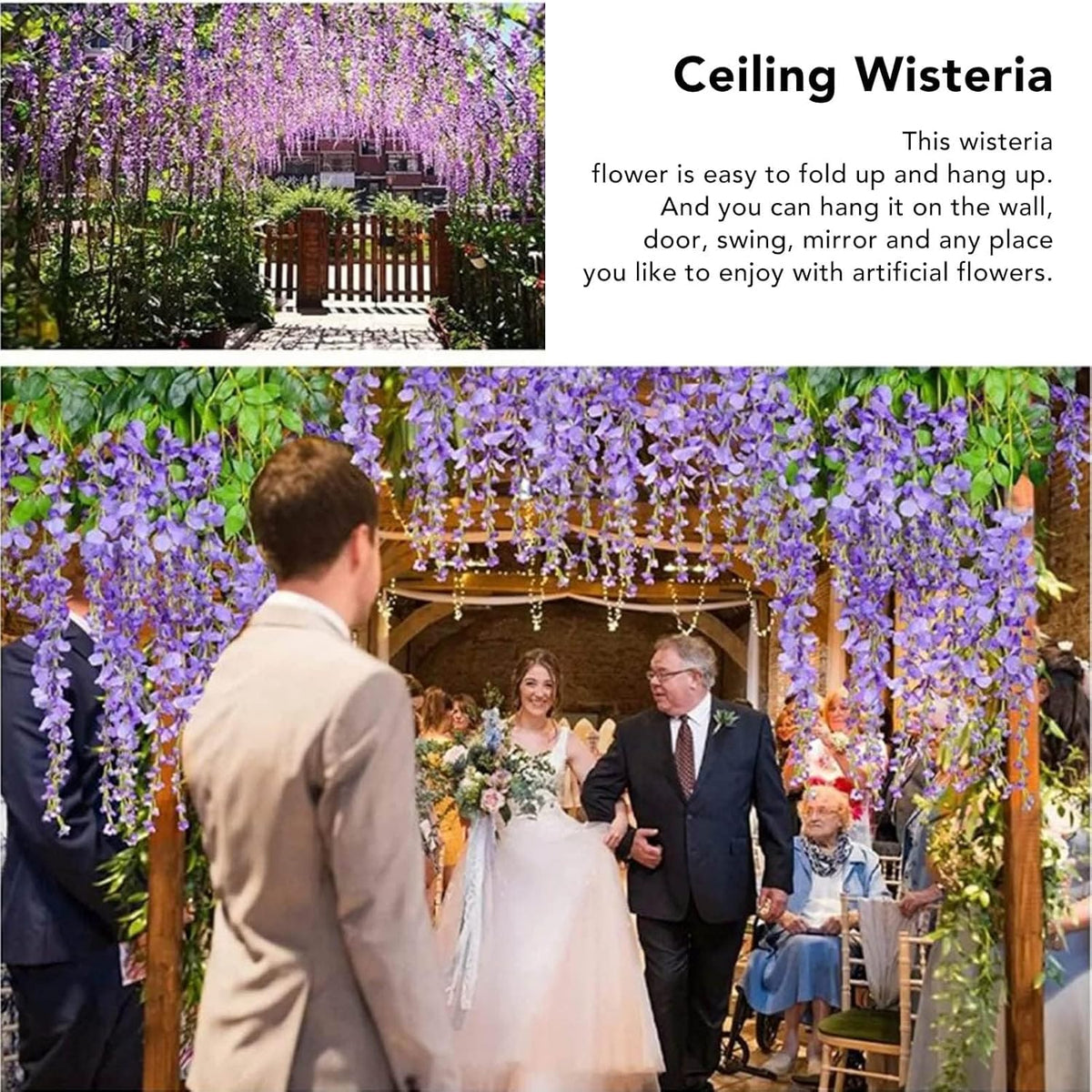 14PCS Artificial Wisteria Hanging Flowers, Six Leaf Blue Garland Silk Flowers Decoration, 43 Feet Fake Wisteria Vine Rattan String for Home Office Wedding Wall Garden Outdoor Party