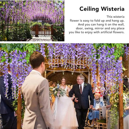 14PCS Artificial Wisteria Hanging Flowers, Six Leaf Blue Garland Silk Flowers Decoration, 43 Feet Fake Wisteria Vine Rattan String for Home Office Wedding Wall Garden Outdoor Party
