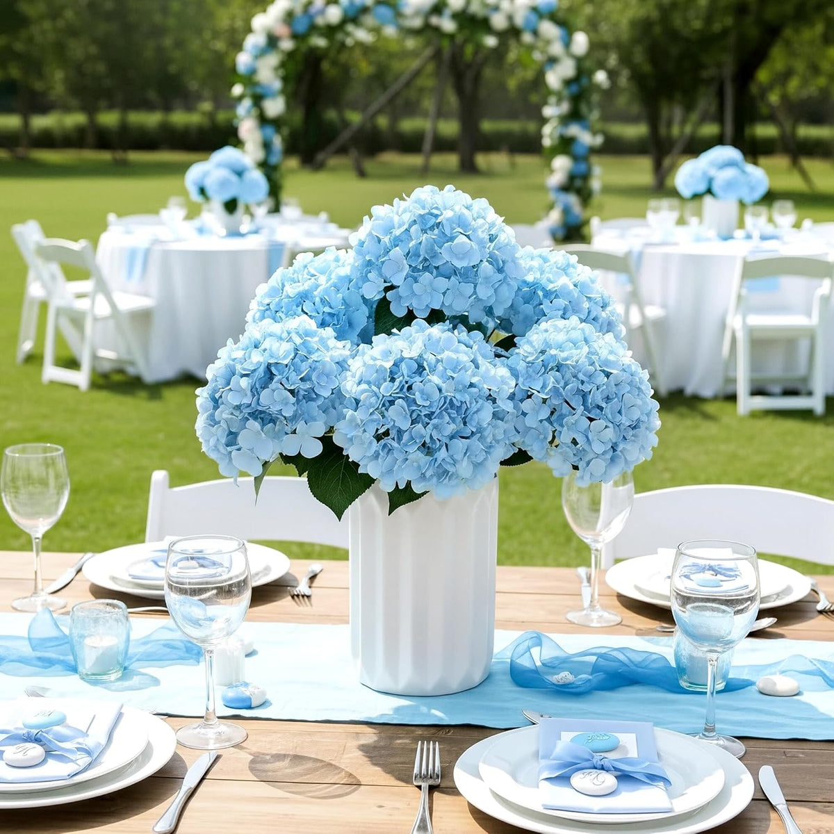 Auihiay 6 Bundles Hydrangea Artificial Flowers for Outdoors and Indoor, Bulk 30 Heads, UV Resistant Faux Hydrangea Flowers for Garden, Porch, Yard, Window Box & Outdoor Wedding Decoration (Blue)