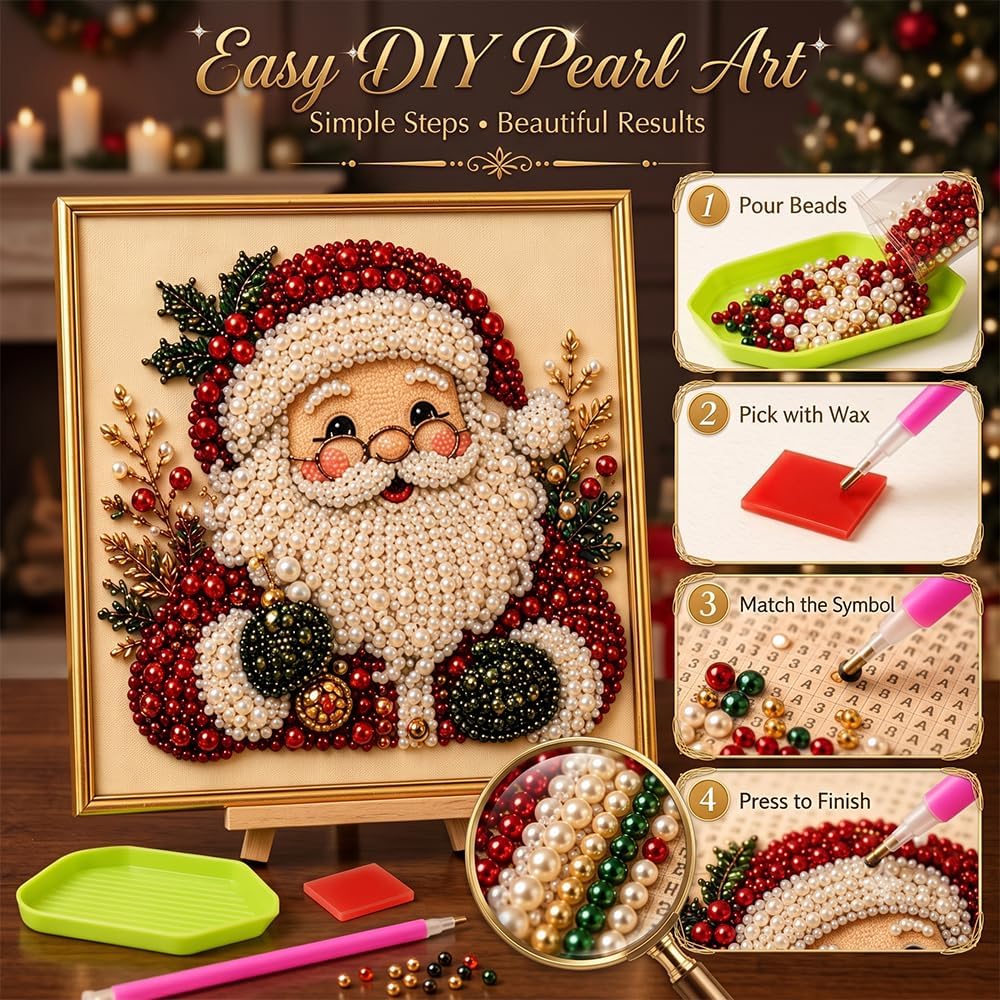 DIY Christmas Pearl Diamond Painting Art Kit with Frame, Festive Handmade Home Wall Decor