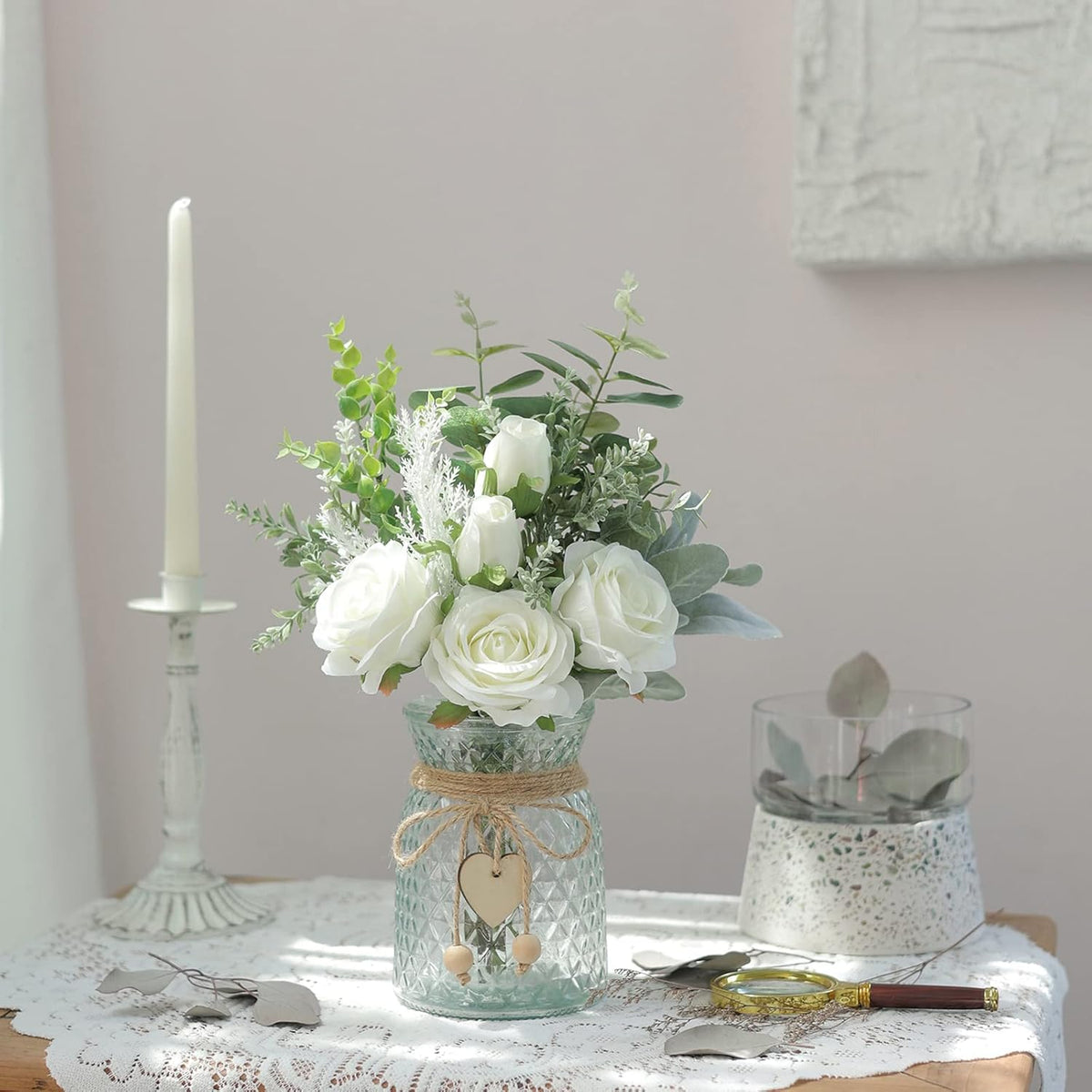 Faux Flowers with Vase, Artificial Silk Roses in Vase, Fake Plant Eucalyptus Flower Arrangement for Home Office Farmhouse Bathroom Dining Table Centerpiece Decorations Coffee Table Decor (White)