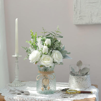 Faux Flowers with Vase, Artificial Silk Roses in Vase, Fake Plant Eucalyptus Flower Arrangement for Home Office Farmhouse Bathroom Dining Table Centerpiece Decorations Coffee Table Decor (White)