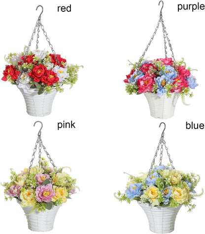 Artificial Flower Hanging Basket, Artificial Hanging Baskets with Flowers, Fake Flowers in Hanging Basket, Fake Hanging Plants for Outdoor Decor, Faux Flowers for Outdoor Patio Garden(1PCS-red blue)