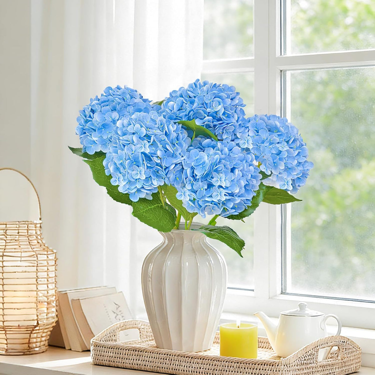 Real Touch Blue Hydrangea Artificial Flowers with Stems, Fake Silk Flowers for Outdoors, 3 Pcs Artificial Flowers for Home Decor Wedding Bouquets Centerpieces Vase