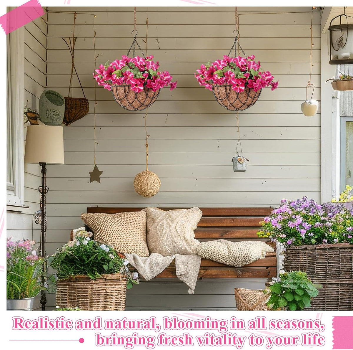 2 Pack Artificial Hanging Flowers in Basket for Spring Summer Outdoor Decor Fake Hanging Plant Faux Petunias Flower with 12 inch Coconut Lining Basket for Patio Garden Porch Home (Fuchsia)
