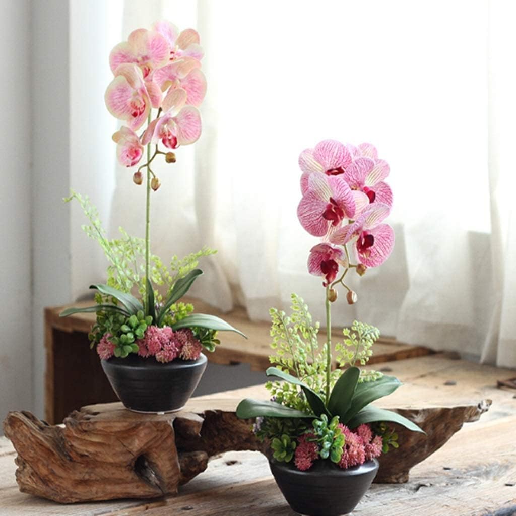 Artificial Flower Waterproof Faux Orchids Plastic Leaves Artificial Phalaenopsis Flowers with Porcelain Vase Artificial Flowers Decoration Beautiful Shape,