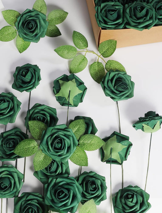 50 Pcs Artificial Flower，Real Touch Foam Roses w/Stem DIY for Wedding Bouquet Centerpieces Party Shower Home Decor-Green boxpack