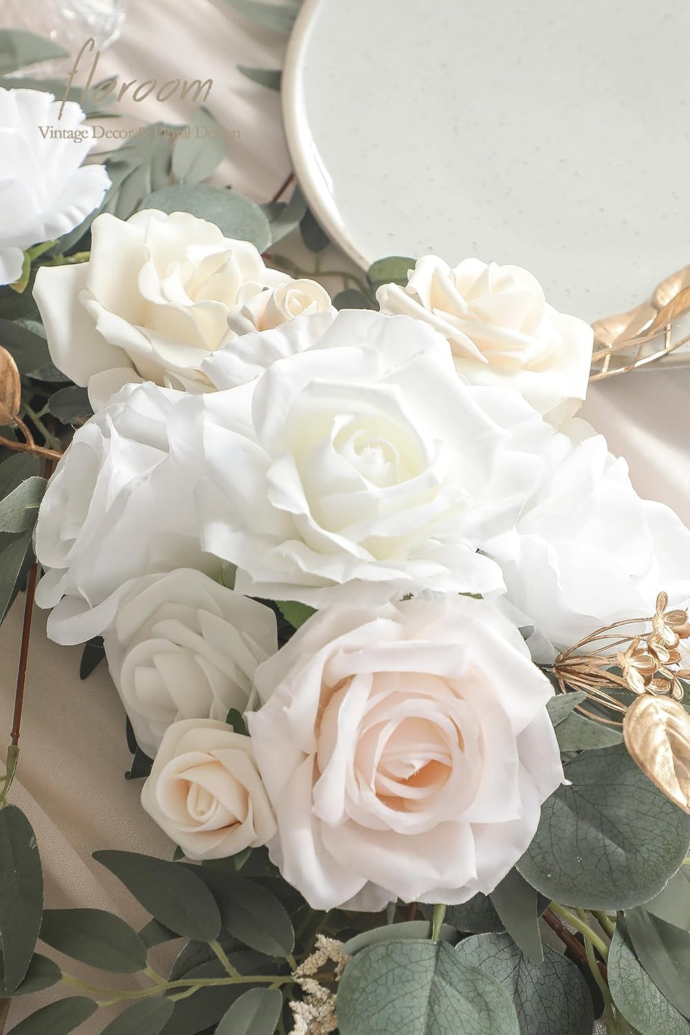 Floroom 6ft Artificial Eucalyptus Garland with Flowers Fake Greenery Faux Floral Vine Garland for Table Decor Wedding Centerpieces Bridal Shower Party Decorations, Cream White