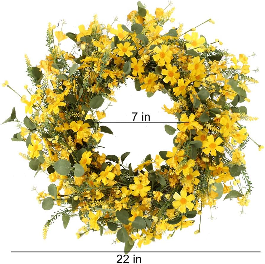 J'FLORU Artificial Spring Wreath 22 Inch Summer Wreaths for Front Door Yellow Daisy Wreath for Indoor Outdoor Home Decor and Easter Celebration